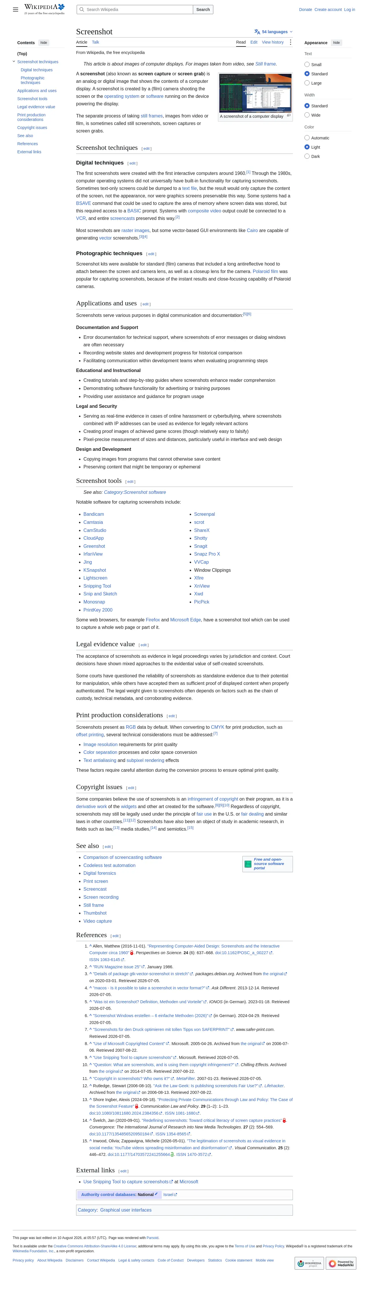 Full-page screenshot of the Wikipedia article on screenshots, 1280 pixels wide and 4,487 tall, cropped to the top